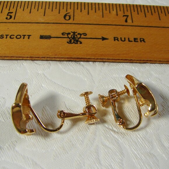 Vtg 80's JS Clip-On EARRINGS, Gold Tone w/Dark Teal Enamel F77 - Picture 4 of 6